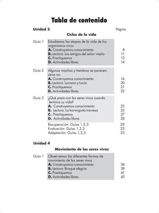 Tabla de contenido
Unidad 3                                            Página
                     Ciclos de la vida

Guía 1   Estudiemos las etapas de la vida de los
         organismos vivos
         A. Construyamos conocimiento                  8
         B. Lectura: Los amigos del señor viejito     11
         C. Practiquemos                              13
         D. Actividades libres                        14

Guía 2   Algunos machos y hembras se parecen;
         otros no
         A. Construyamos conocimiento                 16
         B. Lectura: Luciano y Lucía                  20
         C. Practiquemos                              21
         D. Actividades libres                        22
Guía 3   ¿Qué pasa con los seres vivos cuando
          termina su vida?
         A. Construyamos conocimiento                 23
         B. Lectura: La hormiguita traviesa           25
         C. Practiquemos                              27
         D. Actividades libres                        28
         Recuperación: Guías 1,2,3                    29
         Evaluación: Guías 1,2,3                      32
         Adaptación: Guías 1,2,3                      33


Unidad 4
             Movimiento de los seres vivos

Guía 1   Observemos las diferentes formas de
         movimiento de los seres vivos
         A. Construyamos conocimiento                 36
         B. Lectura: Bosque alegría                   39
         C. Practiquemos                              41
         D. Actividades libres                        42
 