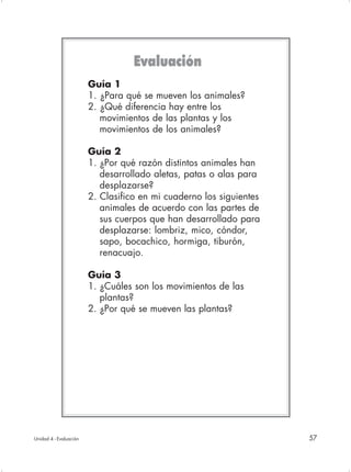 Evaluación
                        Guía 1
                        1. ¿Para qué se mueven los animales?
                        2. ¿Qué diferencia hay entre los
                           movimientos de las plantas y los
                           movimientos de los animales?

                        Guía 2
                        1. ¿Por qué razón distintos animales han
                           desarrollado aletas, patas o alas para
                           desplazarse?
                        2. Clasifico en mi cuaderno los siguientes
                           animales de acuerdo con las partes de
                           sus cuerpos que han desarrollado para
                           desplazarse: lombriz, mico, cóndor,
                           sapo, bocachico, hormiga, tiburón,
                           renacuajo.

                        Guía 3
                        1. ¿Cuáles son los movimientos de las
                           plantas?
                        2. ¿Por qué se mueven las plantas?




Unidad 4 - Evaluación                                                57
 