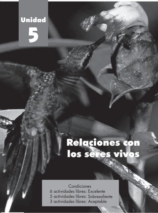 Unidad


 5




                  Relaciones con
                  los seres vivos


                    Condiciones
                      Condiciones
         6 actividades libres: Excelente
           3 actividades libres: Aceptable
         5 actividades libres: Sobresaliente
           5 actividades libres: Bueno
                                               59
           6 actividades libres: Excelente
         3 actividades libres: Aceptable
 