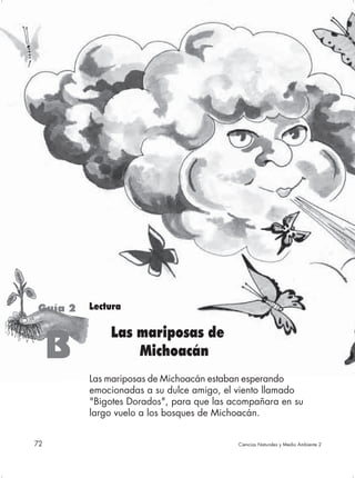 Guía 2   Lectura

             Las mariposas de
     B           Michoacán
         Las mariposas de Michoacán estaban esperando
         emocionadas a su dulce amigo, el viento llamado
         "Bigotes Dorados", para que las acompañara en su
         largo vuelo a los bosques de Michoacán.


72                                        Ciencias Naturales y Medio Ambiente 2
 