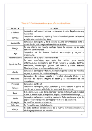 28
Tabla N 2. Plantas compañeras y sus efectos alelopáticos.
PLANTA ACCIÓN
Albahaca
Compañera del tomate, pero se rechaza con la ruda. Repele moscas y
mosquitos.
Borraja
Compañera del tomate, zapallo y fresa. Controla el gusano del tomate
y mejora su crecimiento y sabor.
Manzanilla
Compañera del repollo y de la cebolla. Mejora enfermedades como la
pudrición del tallo, mejora el crecimiento y sabor.
Hinojo
Es una planta muy fuerte rachaza todas la vecinas, no se debe
sembrar con hortalizas.
Ajo
Compañera de las fresas. Controla escarabajos y mejora el
crecimiento.
Rábano Picante Compañero de la papa. Controla la chiza.
Botón de Oro
Es muy beneficioso para todos los cultivos, para impedir
enfermedades. Compañera del fríjol, tomate y curuba. Controla
nemátodos, escarabajos, gusanos del tomate y otros insectos.
Mantiene la huerta en buen estado sanitario.
Menta
Compañera del repollo y tomate. Controla la polilla blanca del repollo y
mejora la sanidad del cultivo del repollo.
Mejorana
Compañera del rábano, repollo y frutales. Controla áfidos y los
insectos del zapallo. Mejora el sabor y el crecimiento de sus
compañeras.
Petunias Compañera del fríjol.
Romero
Compañero del repollo, fríjol, zanahoria y salvia. Detiene la polilla del
repollo, escarabajo del fríjol y las moscas de la zanahoria.
Ruda
Debe sembrarse lejos de la albahaca y cerca de los cultivos de rosas.
Atrae la mosca negra y las polillas negras, controla el escarabajo.
Salvia
Compañera del romero, repollo y zanahoria. Debe sembrarse lejos del
pepino. Controla la polilla del repollo y la mosca de zanahoria.
Estregón Es benéfico para toda la huerta.
Valeriana Es favorable para toda la huerta.
Ajenjo
Se debe sembrar en los linderos de la huerta, no tiene compañera. El
té de ajenjo controla las babosas.
 