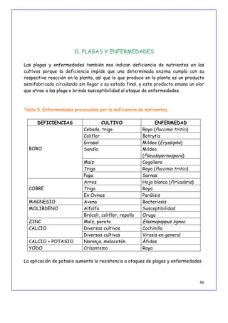 46
11. PLAGAS Y ENFERMEDADES
Las plagas y enfermedades también nos indican deficiencia de nutrientes en los
cultivos porque la deficiencia impide que una determinada enzima cumpla con su
respectiva reacción en la planta, así que lo que produce en la planta es un producto
semifabricado circulando sin llegar a su estado final, y este producto emana un olor
que atrae a las plaga o brinda susceptibilidad al ataque de enfermedades.
Tabla 5. Enfermedades provocadas por la deficiencia de nutrientes.
DEFICIENCIAS CULTIVO ENFERMEDAD
BORO
Cebada, trigo Roya (Puccinia tritici)
Coliflor Botrytis
Girasol Mildeo (Eryssiphe)
Sandía Mildeo
(Pseudopernospora)
Maíz Cogollero
Trigo Roya (Puccinia tritici)
Papa Sarnas
COBRE
Arroz Hoja blanca (Piricularia)
Trigo Roya
En Ovinos Parálisis
MAGNESIO Avena Bacteriosis
MOLIBDENO Alfalfa Susceptibilidad
Brócoli, coliflor, repollo Oruga
ZINC Maíz, poroto Elasmopappus lignoc.
CALCIO Diversos cultivos Cochinilla
Diversos cultivos Virosis en general
CALCIO + POTASIO Naranja, melocotón Áfidos
YODO Crisantemo Roya
La aplicación de potasio aumenta la resistencia a ataques de plagas y enfermedades.
 