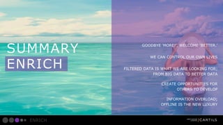 SUMMARY
ENRICH

GOODBYE MORE!, WELCOME BETTER.
WE CAN CONTROL OUR OWN LIVES
FILTERED DATA IS WHAT WE ARE LOOKING FOR;
FROM BIG DATA TO BETTER DATA
CREATE OPPORTUNITIES FOR
OTHERS TO DEVELOP
INFORMATION OVERLOAD;
OFFLINE IS THE NEW LUXURY

ENRICH

 