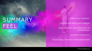 SUMMARY
FEEL

TIRED OF ALL ADVERSITY
LONGING FOR PEOPLE WITH PASSION
FROM KNOWING AND POSSESSING TO
EXPERIENCING
CELEBRATE CREATIVITY!
FOCUS ON ALL THE NICE THINGS BEING MADE!

 