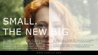 SMALL.
THE NEW BIG
The images used in this presentation are screenshots or
other images that were available on the Internet. As such,
the copyright for them is most likely owned by the company
or corporation that produced it. For the composers of this
presentation it was impossible to retrieve all these copyright
owners and ask for permission to use the imagery. Images
.

are used purely to illustrate this observation of consumer
trends and were taken from publicly accessible sources.
If any party feels treated disrespectfully or abused by our
approach, please contact us at: strategy@cartils.com

 