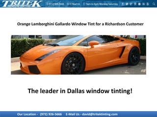 Our Location - (972) 926-5666 E-Mail Us - david@tritektinting.com
Orange Lamborghini Gallardo Window Tint for a Richardson Customer
The leader in Dallas window tinting!
 