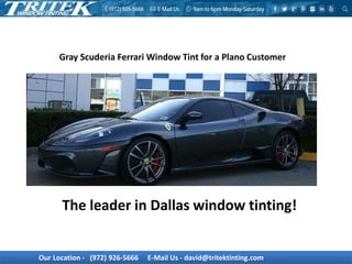 Our Location - (972) 926-5666 E-Mail Us - david@tritektinting.com
Gray Scuderia Ferrari Window Tint for a Plano Customer
The leader in Dallas window tinting!
 