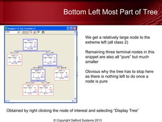 Bottom Left Most Part of Tree
© Copyright Salford Systems 2013
We get a relatively large node to the
extreme left (all class 2)
Remaining three terminal nodes in this
snippet are also all ―pure‖ but much
smaller
Obvious why the tree has to stop here
as there is nothing left to do once a
node is pure
Obtained by right clicking the node of interest and selecting ―Display Tree‖
 