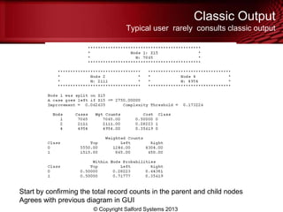 Classic Output
Typical user rarely consults classic output
© Copyright Salford Systems 2013
Start by confirming the total record counts in the parent and child nodes
Agrees with previous diagram in GUI
 