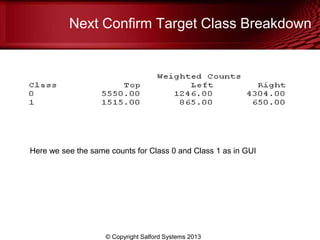 Next Confirm Target Class Breakdown
© Copyright Salford Systems 2013
Here we see the same counts for Class 0 and Class 1 as in GUI
 