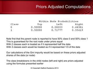 Priors Adjusted Computations
© Copyright Salford Systems 2013
Note first that the parent node is reported to have 50% class 0 and 50% class 1
This is guaranteed for the root node under priors equal
With 2 classes each is treated as if it represented half the data
With 3 classes each would be treated as if it represented 1/3 of the data
Our calculations of the Gini impurity would be based on these priors adjusted
shares of the data (or node)
The class breakdowns in the child nodes (left and right) are priors adjusted
using the formulas presented earlier
 