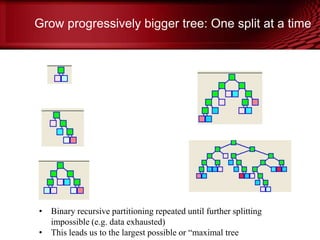 Grow progressively bigger tree: One split at a time
© Copyright Salford Systems 2013
• Binary recursive partitioning repeated until further splitting
impossible (e.g. data exhausted)
• This leads us to the largest possible or “maximal tree
 