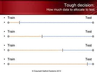 Tough decision:
How much data to allocate to test
• Train Test
• o---------|-------------------------------------------------------------------o
• Train Test
• o------------------------------|----------------------------------------------o
• Train Test
• o-------------------------------------------------|---------------------------o
• Train Test
• o------------------------------------------------------------------------|----o
© Copyright Salford Systems 2013
 