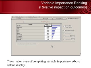 Variable Importance Ranking
(Relative impact on outcomes)
Three major ways of computing variable importance. Above
default display. © Copyright Salford Systems 2013
 