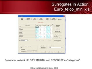 Surrogates in Action:
Euro_telco_mini.xls
© Copyright Salford Systems 2013
Remember to check off CITY, MARITAL and RESPONSE as ―categorical‖
 