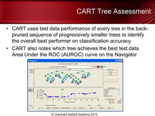 CART Tree Assessment
• CART uses test data performance of every tree in the back-
pruned sequence of progressively smaller trees to identify
the overall best performer on classification accuracy
• CART also notes which tree achieves the best test data
Area Under the ROC (AUROC) curve on the Navigator
© Copyright Salford Systems 2013
 