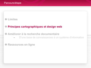 Parcours/étape Limites  Principes cartographiques et design web Améliorer à la recherche documentaire D'une base de connaissances à un système d'information Ressources en ligne 