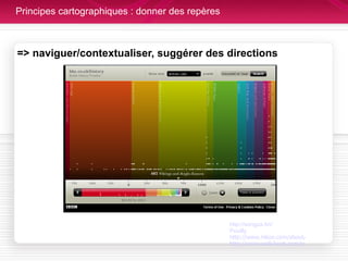 Principes cartographiques : donner des repères => naviguer/contextualiser, suggérer des directions http://songza.fm/ Pouilly   http://www.nikon.com/about/feelnikon/universcale/index_f.htm http://www.walk2web.com/surf/http%3A//www.bnf.fr/ 