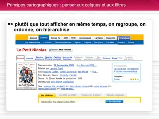 Principes cartographiques : penser aux calques et aux filtres => plutôt que tout afficher en même temps, on regroupe, on ordonne, on hiérarchise  