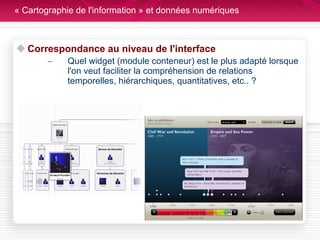 « Cartographie de l'information » et données numériques Correspondance au niveau de l'interface Quel widget (module conteneur) est le plus adapté lorsque l'on veut faciliter la compréhension de relations temporelles, hiérarchiques, quantitatives, etc.. ? 