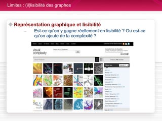 Limites : (il)lisibilité des graphes Représentation graphique et lisibilité Est-ce qu'on y gagne réellement en lisibilité ? Ou est-ce qu'on ajoute de la complexité ? 