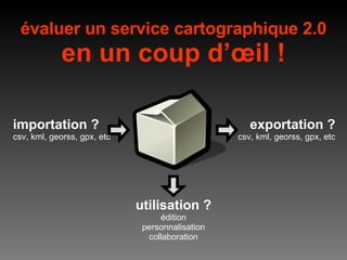 évaluer un service cartographique 2.0 en un coup d’œil ! importation ? csv, kml, georss, gpx, etc exportation ? csv, kml, georss, gpx, etc utilisation ? édition personnalisation collaboration 