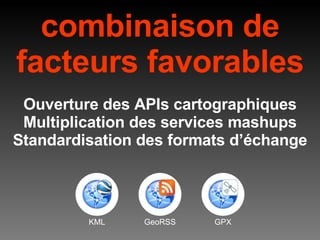 combinaison de facteurs favorables Ouverture des APIs cartographiques Multiplication des services mashups Standardisation des formats d’échange KML GeoRSS GPX 