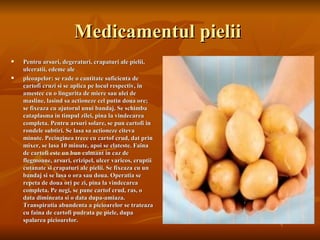 Medicamentul pielii
   Pentru arsuri, degeraturi, crapaturi ale pielii,
    ulceratii, edeme ale
   pleoapelor: se rade o cantitate suficienta de
    cartofi cruzi si se aplica pe locul respectiv, in
    amestec cu o lingurita de miere sau ulei de
    masline, lasind sa actioneze cel putin doua ore;
    se fixeaza cu ajutorul unui bandaj. Se schimba
    cataplasma in timpul zilei, pina la vindecarea
    completa. Pentru arsuri solare, se pun cartofi in
    rondele subtiri. Se lasa sa actioneze citeva
    minute. Pecinginea trece cu cartof crud, dat prin
    mixer, se lasa 10 minute, apoi se clateste. Faina
    de cartofi este un bun calmant in caz de
    flegmoane, arsuri, erizipel, ulcer varicos, eruptii
    cutanate si crapaturi ale pielii. Se fixeaza cu un
    bandaj si se lasa o ora sau doua. Operatia se
    repeta de doua ori pe zi, pina la vindecarea
    completa. Pe negi, se pune cartof crud, ras, o
    data dimineata si o data dupa-amiaza.
    Transpiratia abundenta a picioarelor se trateaza
    cu faina de cartofi pudrata pe piele, dupa
    spalarea picioarelor.
 