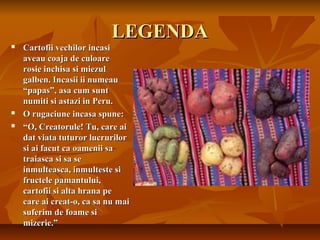 LEGENDA
   Cartofii vechilor incasi
    aveau coaja de culoare
    rosie inchisa si miezul
    galben. Incasii ii numeau
    “papas”, asa cum sunt
    numiti si astazi in Peru.
   O rugaciune incasa spune:
   “O, Creatorule! Tu, care ai
    dat viata tuturor lucrurilor
    si ai facut ca oamenii sa
    traiasca si sa se
    inmulteasca, inmulteste si
    fructele pamantului,
    cartofii si alta hrana pe
    care ai creat-o, ca sa nu mai
    suferim de foame si
    mizerie.”
 