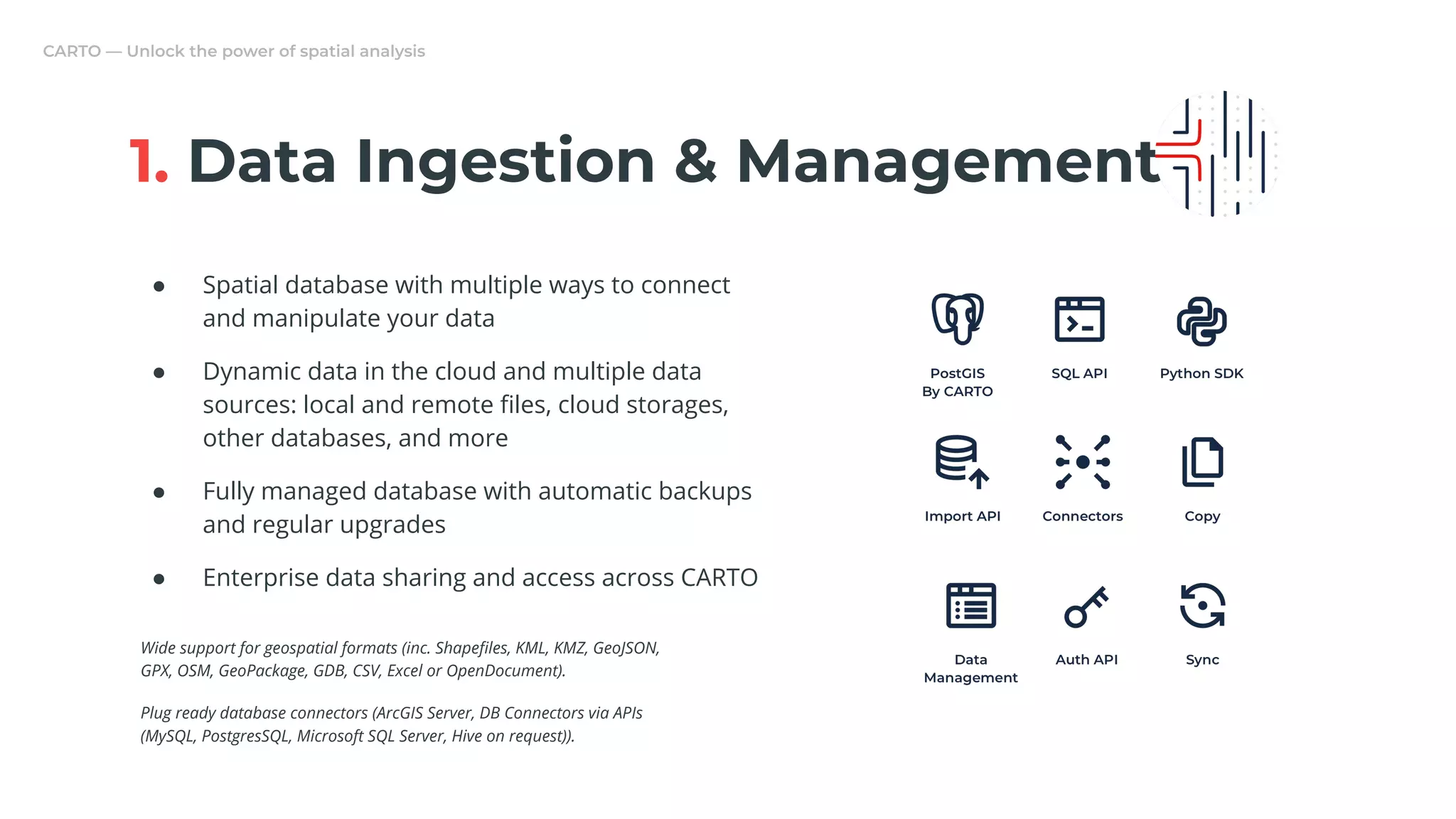 1. Data Ingestion & Management
● Spatial database with multiple ways to connect
and manipulate your data
● Dynamic data in the cloud and multiple data
sources: local and remote ﬁles, cloud storages,
other databases, and more
● Fully managed database with automatic backups
and regular upgrades
● Enterprise data sharing and access across CARTO
Wide support for geospatial formats (inc. Shapeﬁles, KML, KMZ, GeoJSON,
GPX, OSM, GeoPackage, GDB, CSV, Excel or OpenDocument).
Plug ready database connectors (ArcGIS Server, DB Connectors via APIs
(MySQL, PostgresSQL, Microsoft SQL Server, Hive on request)).
 