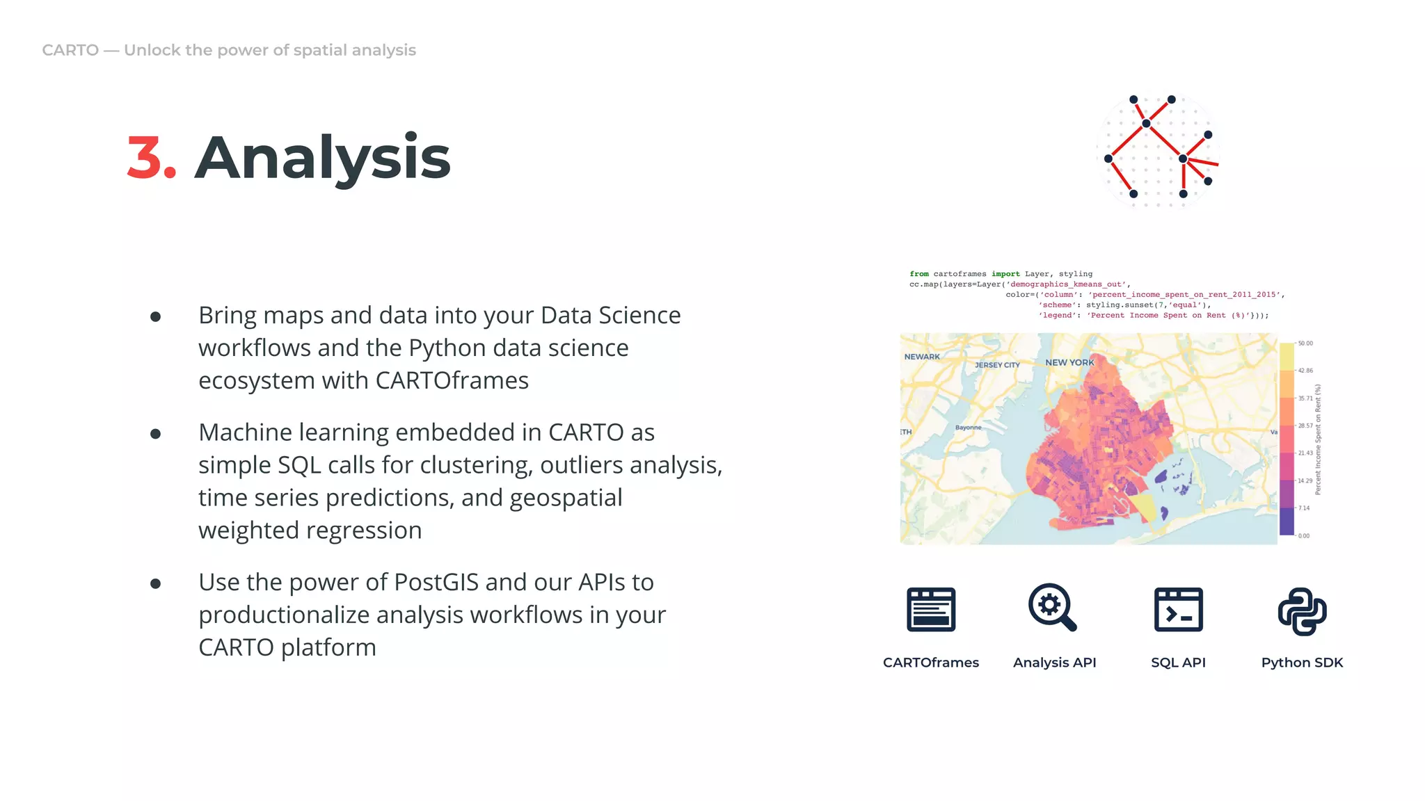 3. Analysis
● Bring maps and data into your Data Science
workﬂows and the Python data science
ecosystem with CARTOframes
● Machine learning embedded in CARTO as
simple SQL calls for clustering, outliers analysis,
time series predictions, and geospatial
weighted regression
● Use the power of PostGIS and our APIs to
productionalize analysis workﬂows in your
CARTO platform
 