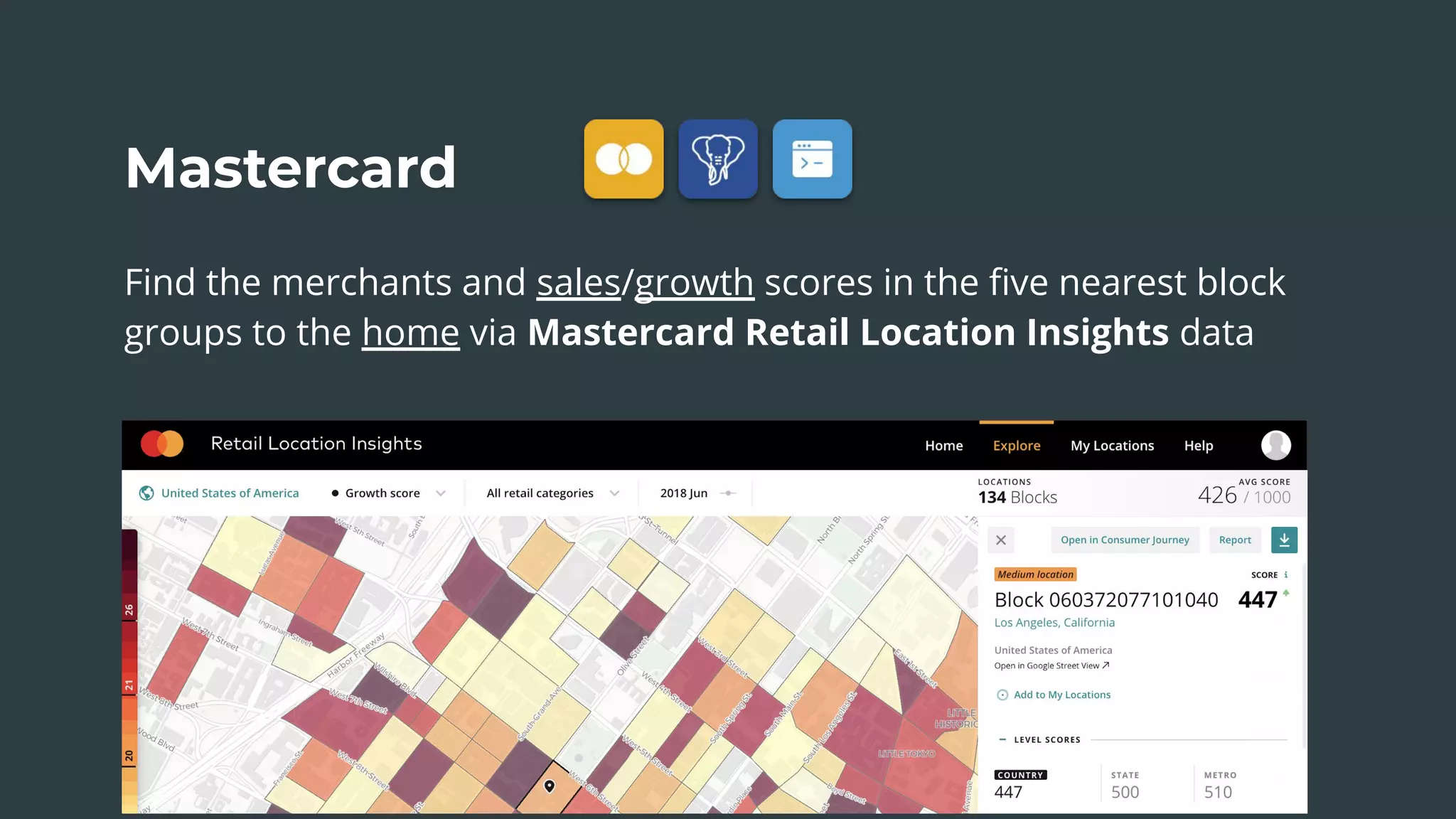 Mastercard
Find the merchants and sales/growth scores in the ﬁve nearest block
groups to the home via Mastercard Retail Location Insights data
 