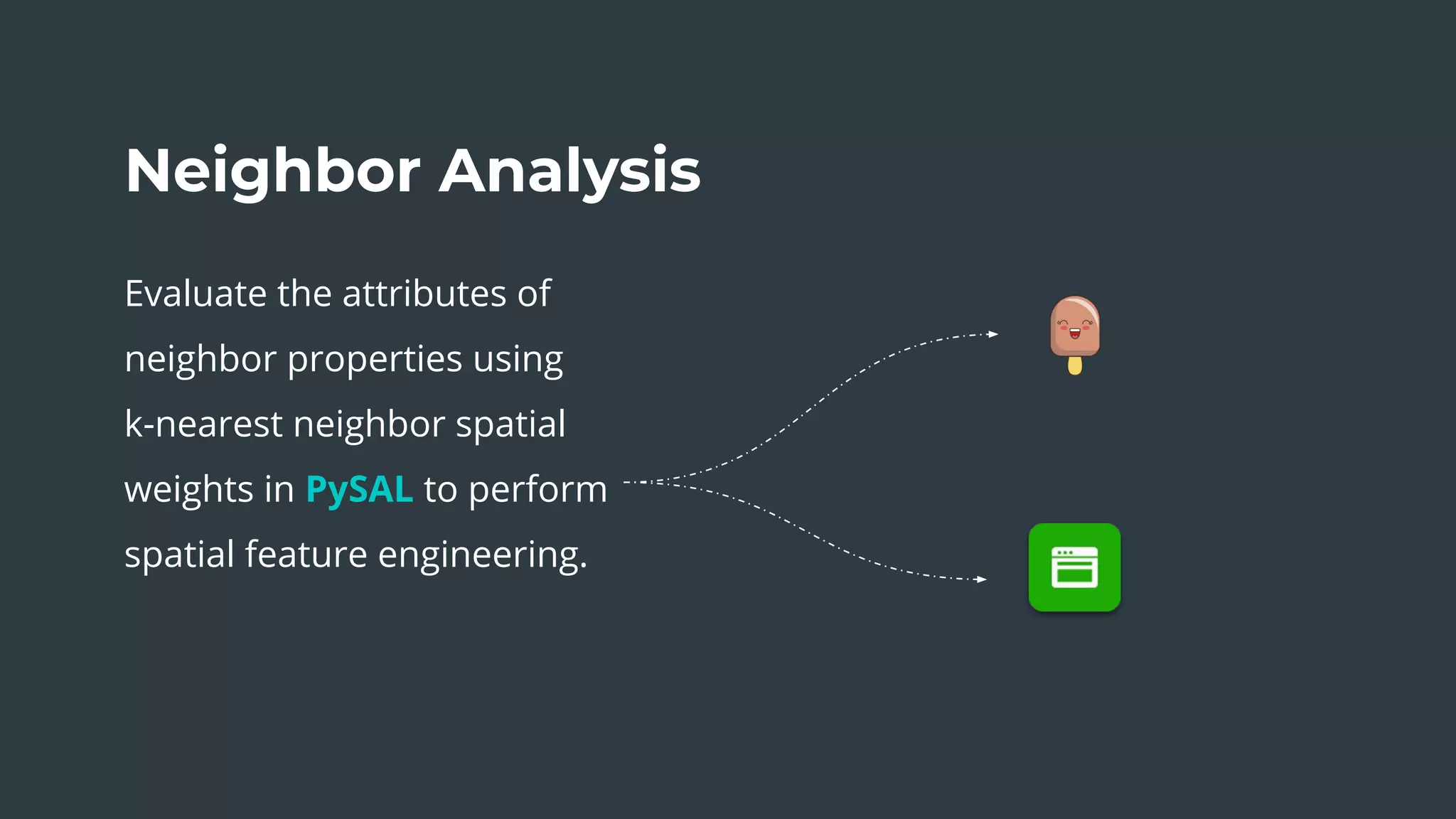 The Sum of Our Parts
Neighbor Analysis
Evaluate the attributes of
neighbor properties using
k-nearest neighbor spatial
weights in PySAL to perform
spatial feature engineering.
 