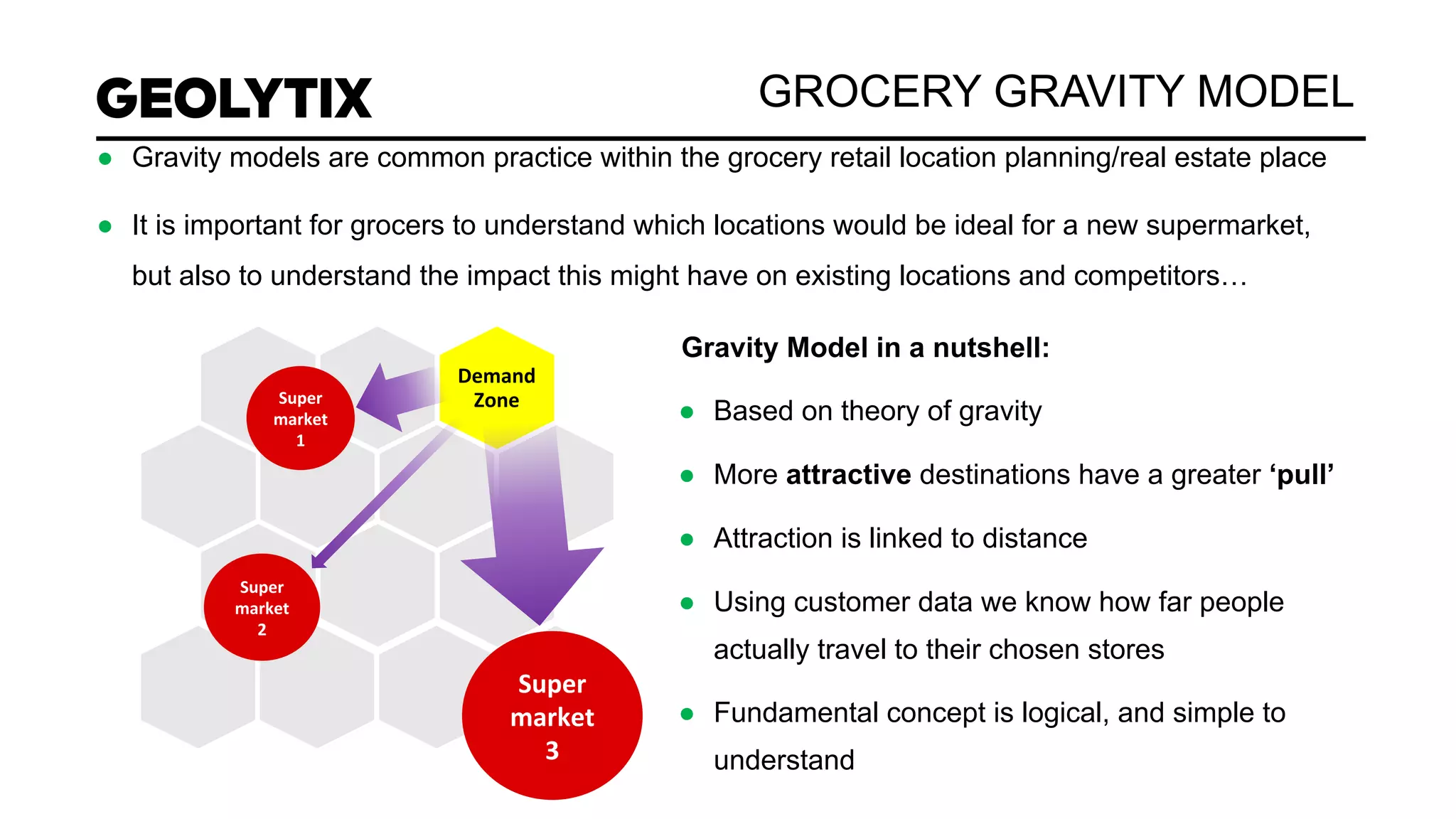 GROCERY GRAVITY MODEL
● Gravity models are common practice within the grocery retail location planning/real estate place
● It is important for grocers to understand which locations would be ideal for a new supermarket,
but also to understand the impact this might have on existing locations and competitors…
Gravity Model in a nutshell:
● Based on theory of gravity
● More attractive destinations have a greater ‘pull’
● Attraction is linked to distance
● Using customer data we know how far people
actually travel to their chosen stores
● Fundamental concept is logical, and simple to
understand
 