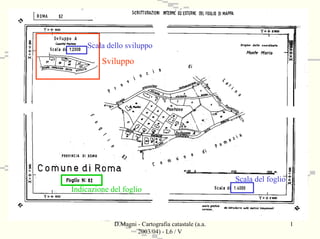 Scala dello sviluppo
         Sviluppo




                                                     Scala del foglio
Indicazione del foglio



             D.Magni - Cartografia catastale (a.a.                      1
                     2003/04) - L6 / V
 