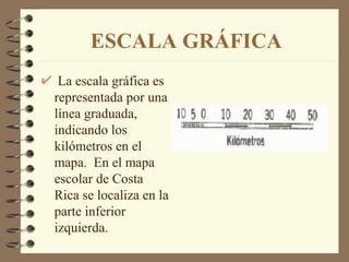 ESCALA GRÁFICA
 La escala gráfica es
representada por una
línea graduada,
indicando los
kilómetros en el
mapa. En el mapa
escolar de Costa
Rica se localiza en la
parte inferior
izquierda.
 