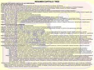 RESUMEN CAPÍTULO  TRES “ HACIA UNA CARTOGRAFÍA COMPLEJA DE LAS COMPETENCIAS ” EL Pensamiento Simple y las Competencias Barrantes, 2001; Bacarat y Graciano, 2002)Se Habla de Beneficios pero falta una visión Critica reflexiva a los intereses  de trasfondo. Bustamante, 2001, 2002, Se retoma el concepto de Competencias con poca claridad histórica, sin una rigurosidad conceptual, con efectos negativos en  la Práctica Pedagógica. Bacarat y Graciano 2002, en la década los 70-80 se habla de Recursos Humanos  en función de Eficiencia, Equidad, Calidad y Eficacia, sin Sustento Pedagógico. Jurado, 2003 Las instituciones Educativo formen Capital Humano, requerido por el mercado local y global Barrón, 2000. Ser competente significa obtener un resultado específico, pero no hay claridad con respecto a la autorrealización humana y el trabajo cooperativo. Braslavsky,1995, Hay Políticas educativas que plantean formar un ciudadano-trabajador competente, cayendo el reduccionismo pues se debe pensar en formar mujeres y hombres integrales tanto para el mercado laboral que favorezcan un calidad de vida Granés 2000, las competencias como una Alternativa para la Educación, en un inicio. Torrado 2000, dice que de una alternativa pasaron a ser el Fin último de la Educación. Zubiría 2002, el considerarlas como un Fin cae en reduccionismo pues no hay fundamentos conceptuales, teóricos y epistemológicos. Hernández, Rocha y Verano,1998las competencias son comportamientos observables y habituales que hacen posible el éxito de una persona en una actividad o función. Montenegro, 2003, “Saber hacer en Cotexto” tiene seis problemas fundamentales:1).Saber Hacer- Procedimental, 2) No personales, 3) El desempeño se reduce a la acción y resolver problemas, 4) aborda el entorno si considerar su transformación, 5) no Integra los tres Saberes ( Conocer, Hacer y Ser) y 6) El “Hacer” es Muy Limitado. Tobón y Fernández, 2001, Propone un a Cartografía Conceptual (CC) con siete Dimensiones esenciales: Acercamiento, Ubicación Categorial, Diferenciación, Ejemplificación, Caracterización, Clasificación y Vinculación. Estructuras Conceptuales de las Competencias Análisis Nocional (Significado, Usos, Transdisciplinariedad) Soto, 2002, Hay grandes vacíos y desacuerdos, esto obstaculiza la estructuración de Programas Educativos con este ENFOQUE. CORPOEDUCACIÓN 2001. Se define según el Talento Humano y varía si considera más significativo el aprendizaje individual o el colectivo el de organizaciones calificantes Robothamy Jubb1996, Soto 2002. El término es Confuso en la Cultura Organizacional Actual. Gil, 2000. No estan claros los tres Saberes para que una persona alcance el éxito en el trabajo. Análisis del Término “Competencias”  en español  competer y competir . Del Latín  competere , ir una cosa al encuentro de otra, encontrarse, coincidir, Siglo XV pertenecer a , incumbir, corresponder a, así surge  Competencia  como sustantivo y  competente  como adjetivo, que significa apto o adecuado, también significa pugnar con, rivalizar con, contender con, , apareciendo sustantivos como competición, competencia, competidor, competitividad y el adjetivo competitivo. Usos culturales del Término:  Levy-Leboyer, 2000 .  Se utilaza con   múltiples significados, es Plisémico, igual se acomoda a propósitos personal o a diversas situaciones. Así en lo Social se tienen COMPETENCIAS como autoridad,  Capacitación, Fusión Laboral, Idoneidad, Rivalidad Empresarial, Competición, Requisitos para un Pusto. Deportiva, cada una con su ejemplo. Competencias y transdiscilinariedad:  Zubiría, 2002. el término se saca arbitrariamente de un Paradigma Teórico y se aplica en otras áreas de forma Asistemática y desconexa, es decir sin un modelo. Sin un principio, sin un contexto, pues tiene múltiples Fuentes Teóricas: Lingüística, psicológica, sociológica, Educación para el Trabajo y filosofía. Se debe trabajar en el ENFOQUE RIGUROSO DE LAS COMPETEENCIAS desde la Orientación del  PENSAMIENTO COMPLEJO a partir de transdisciplinariedad para elaborar un tejido CONCEPTUAL RIGUROSO. Concepto Complejo de Competencias:  desde la epistemología  (Construcción del conocimiento) considera un ENFOQUE inacabado en constante construcción-desconstrucción-reconstrucción que requiere del análisis crítico y la autorreflexión para COMPRENDERLO y USARLO. Se siguen Citando definiciones de autores con puntos coincidentes en que son un conjunto de conocimientos, actitudes y habilidades específicas, o definitivamente  las contextualizan. Componentes Estructurales de una Competencia:  (Identificación de la Competencia-Elementos de la Competencia), (Criterios de Desempeño- Saberes Esenciales), (Rango de Aplicación-Evidencias Requeridas), (Problemas-Caos o Incertidumbre). Categoría General : las competencias se enmarcan en el desarrollo Humano consistente en el conjunto de características Biopsicososciales, en búsqueda del pleno bienestar y autorrealización, implicando su dualismo: Cuerpo-alma, individuo-sociedad, naturaleza-cultura, en la que toda persona tiene la potencialidad de ser responsable de sus sentimientos, pensamientos, acciones, decisiones y destino, asumiendo las consecuencias responsablemente. Así la Propuesta Educativa aborda  a cada persona como un ser único, que debe tomar conciencia de sí mismo y de su autorrealización, abierto al continuo aprendizaje. La ser humano tiene la potencialidad de ser singular, único e irrepetible, sin pretender luchar con otro o los otros, porque también es plural y semejante a otros, que viven en sociedad, cumpliendo leyes para posibilitar la convivencia. Las Dimensiones del Desarrollo Humano: Cognitiva, Corporal, Social, Comunicativa, Ética, Lúdica, Laboral, Espiritual, cada una con sus definición y procesos. Diferenciación:  Diferencias con otros Conceptos: (Inteligencia: proceso de la información, la competencia actúa adecuadamente), (Conocimientos: representaciones mentales declarativas o procedimentales, las Comp. se basan en el conocimiento, se actúa en el qué y el cómo…), (Funciones: Actividades, las competencias específicas ejemplo las laborales), (Calificaciones profesionales: capacidad de desempeño, la competencia es flexible se valora la adaptación al cambio), (Aptitudes: lo innato, Competencia el desarrollo efectivo de éstas), (Capacidades: cognitivas, afectivas, psicomotrices, la competencia Alto Grado de Probabilidad), (Destrezas: realizar con precisión, la competencia objetivos a corto y largo plazo), (Habilidades: realizar actividades con eficiencia y eficacia, competencia, se basa en indicadores de calidad), (Actitudes: toma de decisiones, la competencia se forma de tres saberes: conocer, hacer, ser) (De otros Conceptos, Competencias y: (Habilidades en inglés skills: práctico), (Procesos: ámbito específico), (Objetivos: propósitos generales),(Indicadores de Logros: Evidencias),( Estándares: Metas) y (Competencias: son procesos contextualizados).EJEMPLO: Lenguaje PROCESO: producción de textos escritos, OBJETIVO: “El desarrollo de Habilidades Comunicativas básicas”, COMPETENCIA: Textual, idoneidad para comunicarse en diferentes contextos, ESTÁNDAR: producir textos en lengua castellana enfatizado aspectos gramaticales, INDICADORES DE LOGRO: Redacte un informe coherente, basado en los puntos anteriores. 