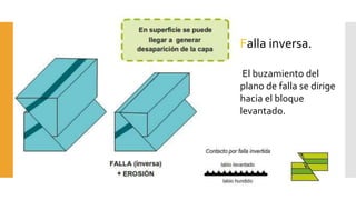 Falla inversa.
El buzamiento del
plano de falla se dirige
hacia el bloque
levantado.
 