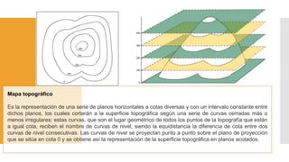 Mapa topográfico
Es la representación de una serie de planos horizontales a cotas diversas y con un intervalo constante entre
dichos planos, los cuales cortarán a la superficie topográfica según una serie de curvas cerradas más o
menos irregulares; estas curvas, que son el lugar geométrico de todos los puntos de la topografía que están
a igual cota, reciben el nombre de curvas de nivel, siendo la equidistancia la diferencia de cota entre dos
curvas de nivel consecutivas. Las curvas de nivel se proyectan punto a punto sobre el plano de proyección
que se sitúa en cota 0 y se obtiene así la representación de la superficie topográfica en planos acotados.
 