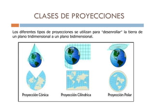 CLASES DE PROYECCIONES
Los diferentes tipos de proyecciones se utilizan para “desenrollar” la tierra de
un plano tridimens...