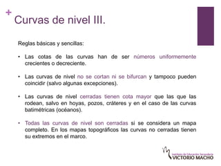 +
    Curvas de nivel III.
    Reglas básicas y sencillas:

    • Las cotas de las curvas han de ser números uniformemente
      crecientes o decreciente.

    • Las curvas de nivel no se cortan ni se bifurcan y tampoco pueden
      coincidir (salvo algunas excepciones).

    • Las curvas de nivel cerradas tienen cota mayor que las que las
      rodean, salvo en hoyas, pozos, cráteres y en el caso de las curvas
      batimétricas (océanos).

    • Todas las curvas de nivel son cerradas si se considera un mapa
      completo. En los mapas topográficos las curvas no cerradas tienen
      su extremos en el marco.
 