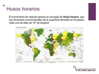 +
    Husos horarios
     El movimiento de rotación genera el concepto de Huso horario, que
     son divisiones convencionales de la superficie terrestre en 24 partes,
     cada una de ellas de 15º de longitud
 