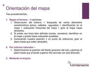 +
    Orientación del mapa
    Tres procedimientos:

    1. Según el terreno – 3 opciones:
        1. Observación del entorno + búsqueda de varios elementos
           característicos (picos, collados, vaguadas) + identificación en el
           mapa + colocación horizontal del mapa + girar el mapa hasta
           alinearlos.
        2. Si existe una línea bien definida (cresta, carretera); identificar en
           el mapa y girarlo hasta colocarlas paralelas.
        3. Conociendo nuestra posición y un punto de referencia, girar el
           plano hasta que estén alineados.

    2. Por indicios naturales –
        1. Determinamos la posición del Norte (posición del sol) y giramos el
           plano hasta que el borde superior (N) coincida con esa dirección.

    3. Mediante la brújula.
 