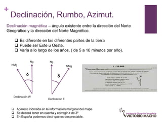+
    Declinación, Rumbo, Azimut.
Declinación magnética – ángulo existente entre la dirección del Norte
Geográfico y la dirección del Norte Magnético.

       Es diferente en las diferentes partes de la tierra
       Puede ser Este u Oeste.
       Varía a lo largo de los años, ( de 5 a 10 minutos por año).

                  Ng         Ng
    NMg                                     NMg


              δ                    δ



     Declinación W
                            Declinación E


     Aparece indicada en la información marginal del mapa
     Se deberá tener en cuenta y corregir ≥ de 3º
     En España podemos decir que es despreciable.
 