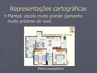 Representações cartográficas Plantas: escala muito grande (tamanho muito próximo do real). Planta (arquitetônica) 
