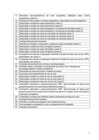 11   Elementos plano-altimétricos da carta topográfica. Medições sobre cartas
     topográficas. (parte 5)
12   Extração de informações e análises topográficas. Elaboração de perfil topográfico.
13   Elaboração e análise de mapa hipsométrico (parte 1)
14   Elaboração e análise de mapa hipsométrico (parte 2)
15   Elaboração e análise de mapa hidrográfico e de bacias de drenagem (parte 1)
16   Elaboração e análise de mapa hidrográfico e de bacias de drenagem (parte 2)
17   Elaboração e análise de mapa de orientação de vertentes (parte 1)
18   Elaboração e análise de mapa de orientação de vertentes (parte 2)
19   Elaboração e análise de mapa de orientação de vertentes (parte 3)
20   Avaliação Bimestral de Conteúdo
21   Revisão da avaliação e elaboração e análise de mapa clinográfico (parte 1)
22   Elaboração e análise de mapa clinográfico (parte 2)
23   Elaboração e análise de mapa clinográfico (parte 3)
24   Elaboração e análise de mapa clinográfico (parte 4)
25   Cartografia para atender a legislação ambiental. Extração de topos de morros, APPs,
     declividades, etc (parte 1)
26   Cartografia para atender a legislação ambiental. Extração de topos de morros, APPs,
     declividades, etc (parte 2)
27   Conceitos de sensoriamento remoto e fotointerpretação.
28   Atividade prática: orientação e levantamento de campo com a utilização de
     tecnologias digitais e mapas topográficos.
29   Elaboração de mapa de pontos e trajetos de campo.
30   Conceitos para mapeamentos de uso do solo.
31   Elaboração e análise de mapa de uso do solo (parte 1)
32   Elaboração e análise de mapa de uso do solo (parte 2)
33   Elaboração e análise de mapa de uso do solo (parte 3)
34   Cartografia sistemática e geoprocessamento. MDT. Demonstração do Spring para
     geoprocessamento de dados plano-altimétricos (parte 1)
35   Cartografia sistemática e geoprocessamento. MDT. Demonstração do Spring para
     geoprocessamento de dados plano-altimétricos (parte 2). Noções sobre a produção e
     impressão cartográfica.
36   Finalização e entrega dos trabalhos práticos realizados ao longo do curso.
37   Avaliação Bimestral de Conteúdo.
38   Correção e revisão da avaliação e dos trabalhos práticos.
39   Auto-avaliação e avaliação do curso e perspectivas da Cartografia
40   Avaliação Substitutiva




                                                                                       3
 