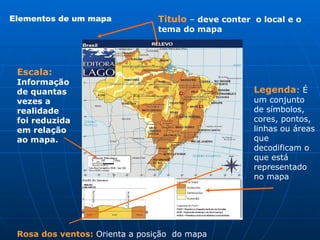 Elementos de um mapa  Titulo  –  deve conter  o local e o tema do mapa  Escala:   Informação de quantas vezes a realidade foi reduzida em relação ao mapa. Legenda : É um conjunto de símbolos, cores, pontos, linhas ou áreas que decodificam o que está representado no mapa Rosa dos ventos:  Orienta a posição  do mapa 