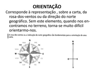 ORIENTAÇÃO
Corresponde à representação , sobre a carta, da
  rosa-dos-ventos ou da direção do norte
  geográfico. Sem este elemento, quando nos en-
  contramos no terreno, torna-se muito difícil
  orientarmo-nos.
 