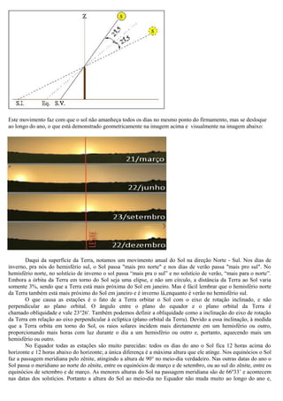 Este movimento faz com que o sol não amanheça todos os dias no mesmo ponto do firmamento, mas se desloque
ao longo do ano, o que está demonstrado geometricamente na imagem acima e visualmente na imagem abaixo:




        Daqui da superfície da Terra, notamos um movimento anual do Sol na direção Norte - Sul. Nos dias de
inverno, pra nós do hemisfério sul, o Sol passa "mais pro norte" e nos dias de verão passa "mais pro sul". No
hemisfério norte, no solstício de inverno o sol passa “mais pra o sul” e no solstício de verão, “mais para o norte”.
Embora a órbita da Terra em torno do Sol seja uma elipse, e não um círculo, a distância da Terra ao Sol varia
somente 3%, sendo que a Terra está mais próxima do Sol em janeiro. Mas é fácil lembrar que o hemisfério norte
da Terra também está mais próximo do Sol em janeiro e é inverno lá,enquanto é verão no hemisfério sul.
        O que causa as estações é o fato de a Terra orbitar o Sol com o eixo de rotação inclinado, e não
perpendicular ao plano orbital. O ângulo entre o plano do equador e o plano orbital da Terra é
chamado obliquidade e vale 23°26′. Também podemos definir a obliquidade como a inclinação do eixo de rotação
da Terra em relação ao eixo perpendicular à eclíptica (plano orbital da Terra). Devido a essa inclinação, à medida
que a Terra orbita em torno do Sol, os raios solares incidem mais diretamente em um hemisfério ou outro,
proporcionando mais horas com luz durante o dia a um hemisfério ou outro e, portanto, aquecendo mais um
hemisfério ou outro.
        No Equador todas as estações são muito parecidas: todos os dias do ano o Sol fica 12 horas acima do
horizonte e 12 horas abaixo do horizonte; a única diferença é a máxima altura que ele atinge. Nos equinócios o Sol
faz a passagem meridiana pelo zênite, atingindo a altura de 90° no meio-dia verdadeiro. Nas outras datas do ano o
Sol passa o meridiano ao norte do zênite, entre os equinócios de março e de setembro, ou ao sul do zênite, entre os
equinócios de setembro e de março. As menores alturas do Sol na passagem meridiana são de 66º33’ e acontecem
nas datas dos solstícios. Portanto a altura do Sol ao meio-dia no Equador não muda muito ao longo do ano e,
 