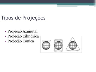 Tipos de Projeções
• Projeção Azimutal
• Projeção Cilíndrica
• Projeção Cônica

 